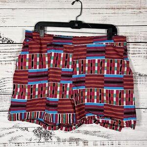 D'Iyanu African Mixed Print Shorts Womens Size XL Red Blue Boho Beach Vacation